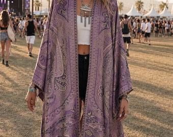 Purple paisley tapestry pashmina kimono cover up