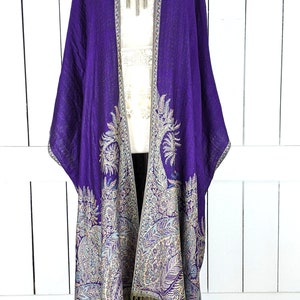 Purple floral reversible pashmina kimono cover up jacket with custom lengths and fringe detail image 9