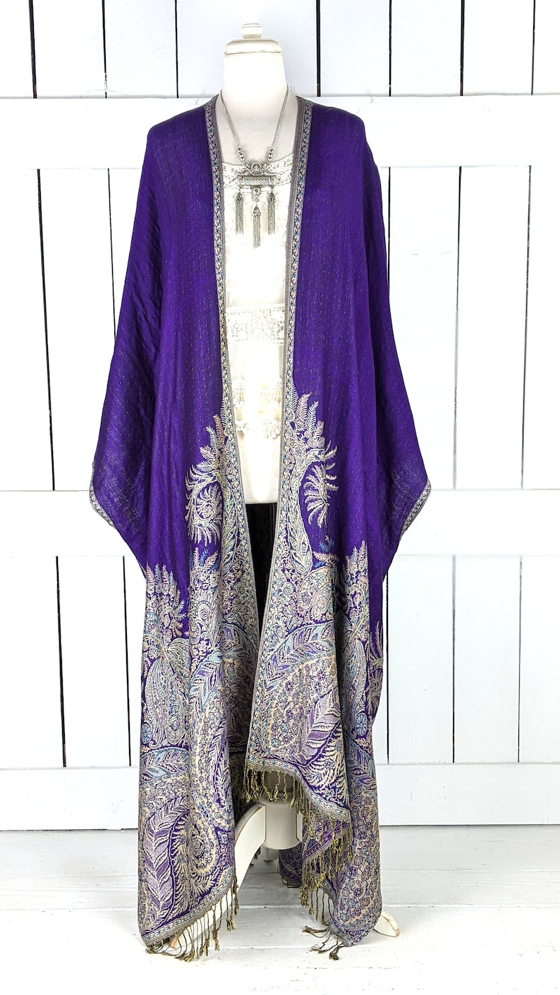 Purple floral reversible pashmina kimono cover up jacket with custom lengths and fringe detail image 9