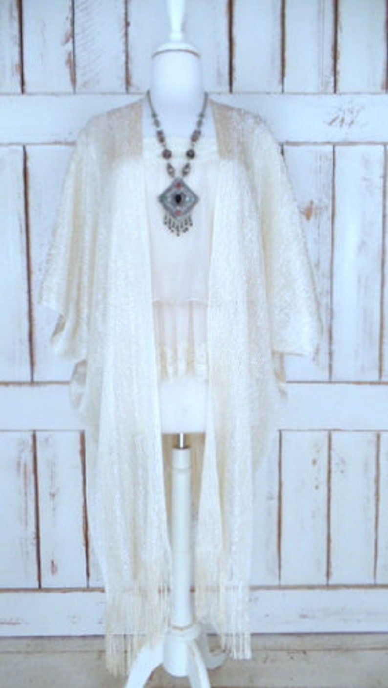 Light gold sheer gauzy metallic thread bohemian fringe kimono cardiganwoven mesh cover up blousegypsy festival topone size