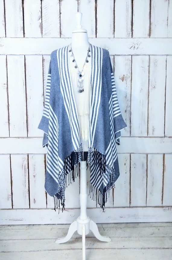 Striped Grey ivory Fringe Blanket Kimono Cover Up flannel Cardigan