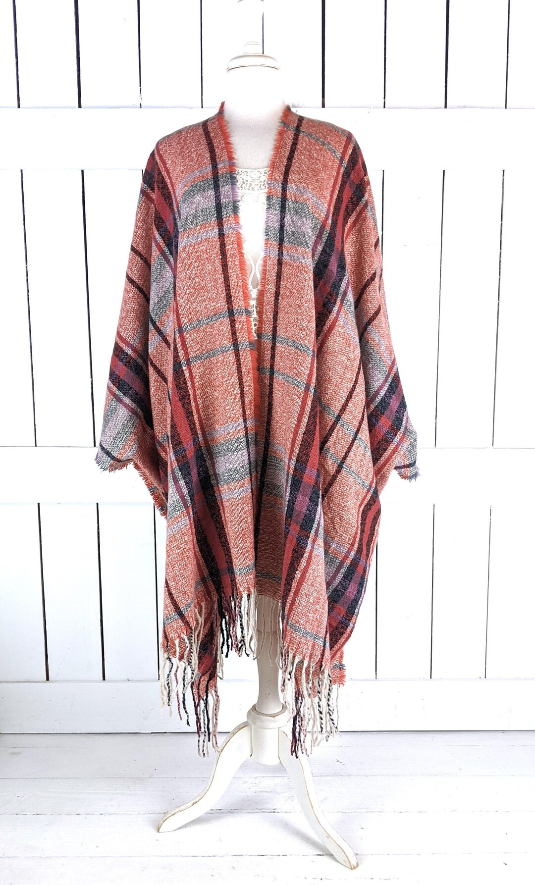 Red Tartan Plaid Tassel Fringe Kimono Cardigan Cover up Jacket Etsy