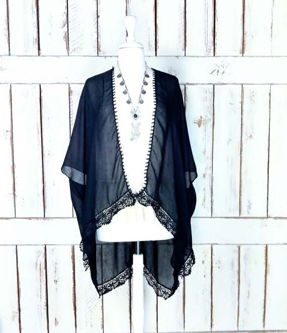 Black Sheer Gauzy Cotton Lace Kimono 