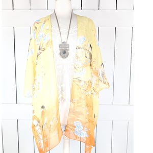 Yellow orange cherry blossom bird print sheer chiffon kimono