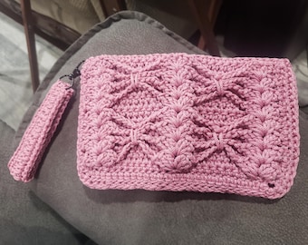 Textured Dusty Rose Crochet Clutch with Wristlet | Butterfly Evening Bag