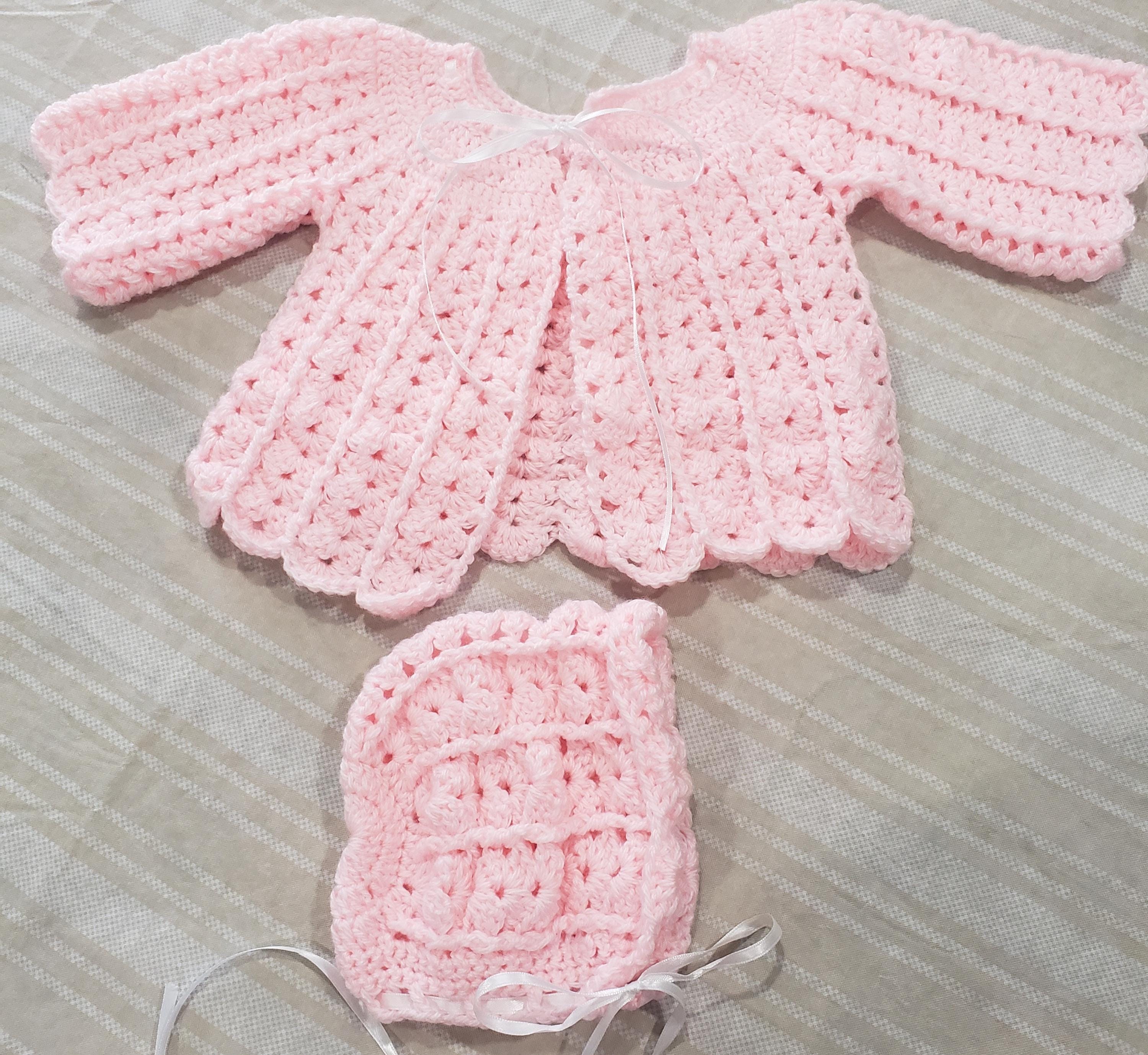 Handmade Crochet Baby Sweater & Bonnet Set - Soft Pink, 0-3 Months