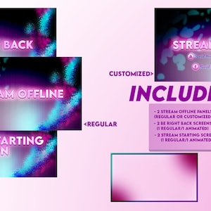 Peut inclure: Un design d'art numérique pour le streaming, avec un dégradé vibrant de rose, de violet et de turquoise. Le design comprend des superpositions de texte telles que "BE RIGHT BACK", "STREAM OFFLINE" et "STREAM STARTING SOON". L'image liste également les éléments inclus.