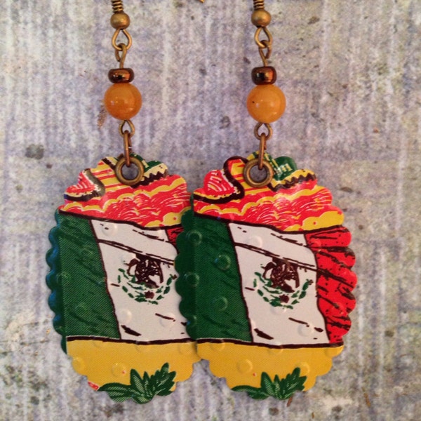Upcycled Tea Can Earrings with Mexican Flag, Peace Tea, recycled cans