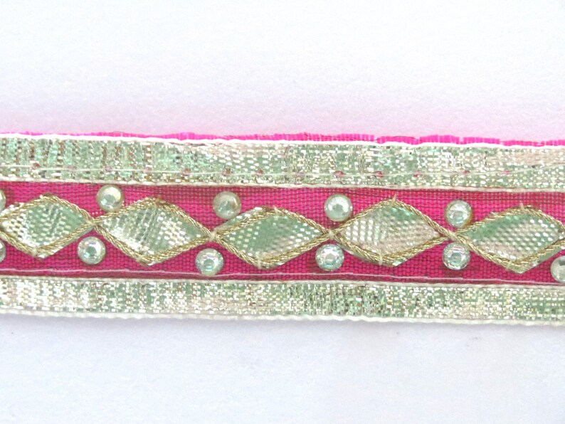 On sale 8 yard Traditional Ethnic handmade in India Bright Pink Fuchsia LaceTrim with Gota Patti Border work SariCurtainDupattaScrapbook