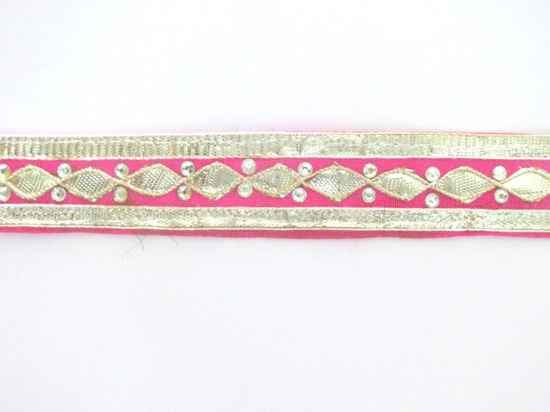 On sale 8 yard Traditional Ethnic handmade in India Bright Pink Fuchsia LaceTrim with Gota Patti Border work SariCurtainDupattaScrapbook