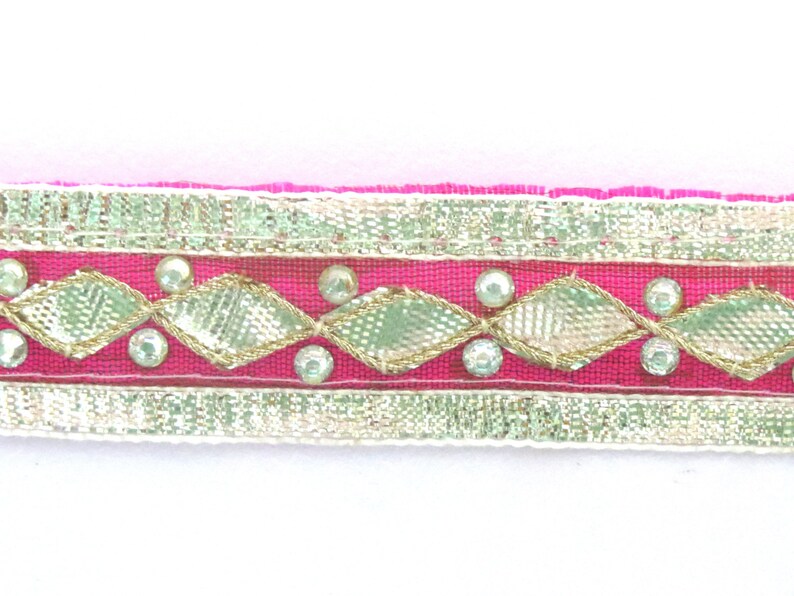 On sale 8 yard Traditional Ethnic handmade in India Bright Pink Fuchsia LaceTrim with Gota Patti Border work SariCurtainDupattaScrapbook