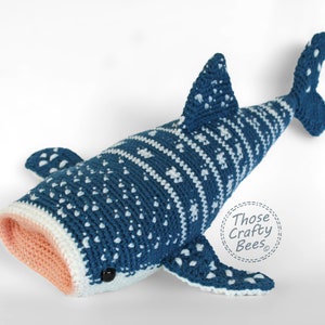 Large Crocheted whale shark, unique pattern and detailing, soft plushies, stuffed whale shark pillow, sea life, learning toys, large stuffed animal, colors deep sea blue, creamy white and light peach, safety eyes, large cute eyes, shop small