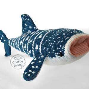 Large Crocheted whale shark, unique pattern and detailing, soft plushies, stuffed whale shark pillow, sea life, learning toys, large stuffed animal, colors deep sea blue, creamy white and light peach, safety eyes, large cute eyes, shop small