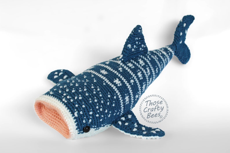 Large Crocheted whale shark, unique pattern and detailing, soft plushies, stuffed whale shark pillow, sea life, learning toys, large stuffed animal, colors deep sea blue, creamy white and light peach, safety eyes, large cute eyes, shop small