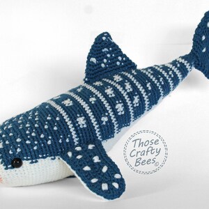 Large Crocheted whale shark, unique pattern and detailing, soft plushies, stuffed whale shark pillow, sea life, learning toys, large stuffed animal, colors deep sea blue, creamy white and light peach, safety eyes, large cute eyes, shop small