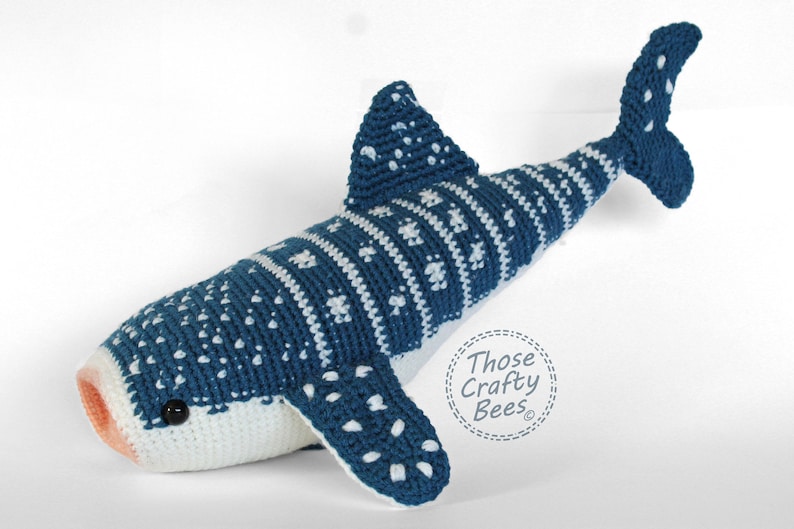 Large Crocheted whale shark, unique pattern and detailing, soft plushies, stuffed whale shark pillow, sea life, learning toys, large stuffed animal, colors deep sea blue, creamy white and light peach, safety eyes, large cute eyes, shop small