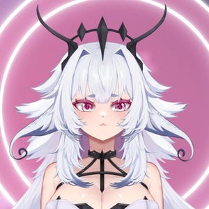 May include: Anime-style illustration of a character with long, white hair and pink eyes. The character wears a black choker and a crown-like headpiece. A pink and white circular design is in the background.