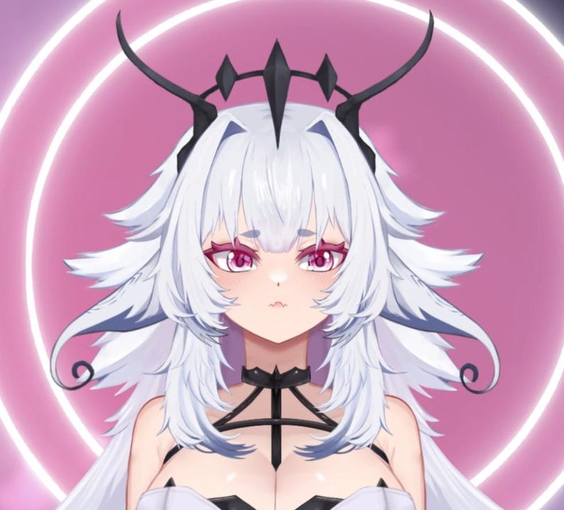 May include: Anime-style illustration of a character with long, white hair and pink eyes. The character wears a black choker and a crown-like headpiece. A pink and white circular design is in the background.