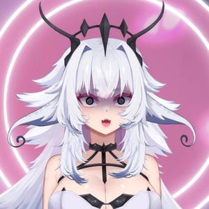 May include: Digital illustration of a character with white hair and a crown. The character has a surprised expression with large eyes and a slightly open mouth. The background is a pink gradient with glowing circular lines.