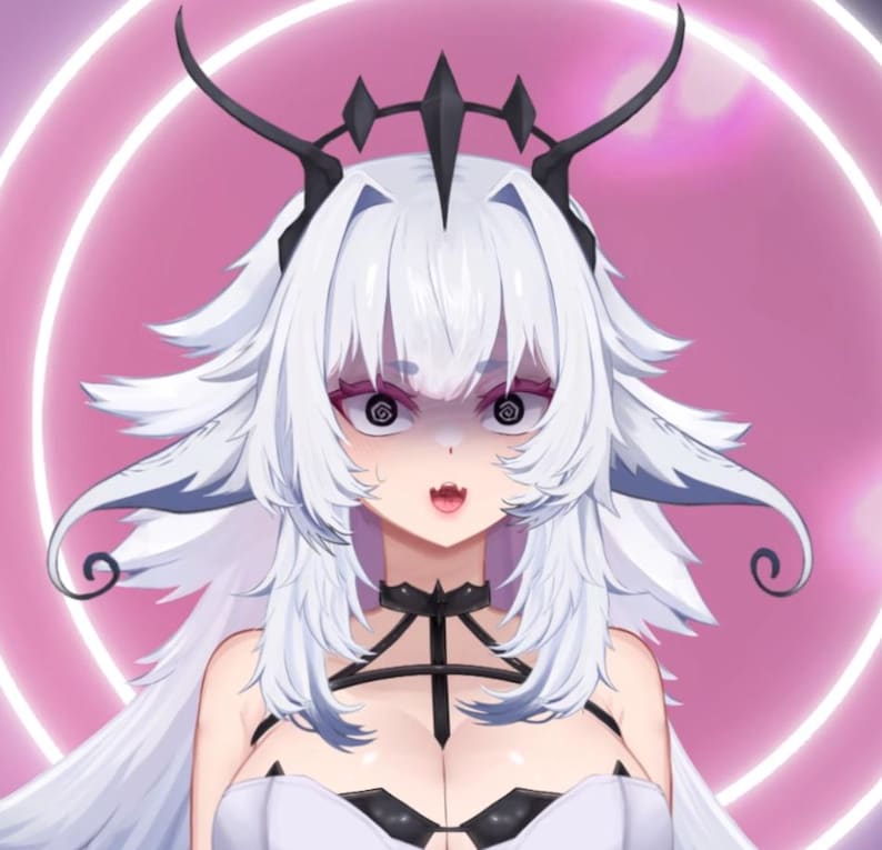 May include: Digital illustration of a character with white hair and a crown. The character has a surprised expression with large eyes and a slightly open mouth. The background is a pink gradient with glowing circular lines.