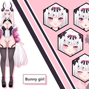 May include: A digital illustration of a female character with white hair, pink and black clothing, and bunny ears. The character is depicted in a variety of poses and expressions, including a smiling face, a surprised face, and a blushing face. The text "Bunny girl" is written below the character.