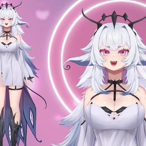 May include: A digital illustration of a character with white hair and pink eyes, wearing a white dress with black accents. The character has a crown and wing-like features. The background is pink with glowing circles.