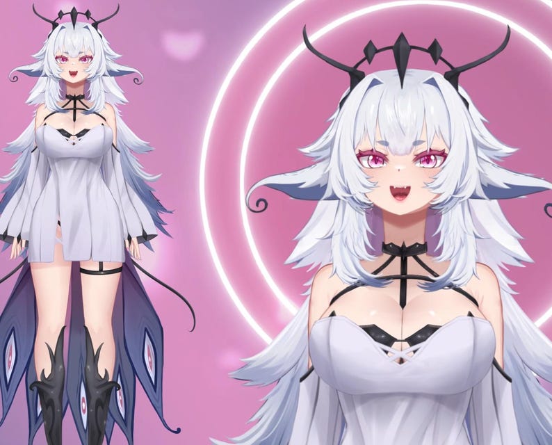 May include: A digital illustration of a character with white hair and pink eyes, wearing a white dress with black accents. The character has a crown and wing-like features. The background is pink with glowing circles.