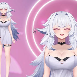 May include: Digital illustration of a character with white hair and a white dress. The character has closed eyes and a small smile. The background is a gradient of pink and purple with a glowing circular design.