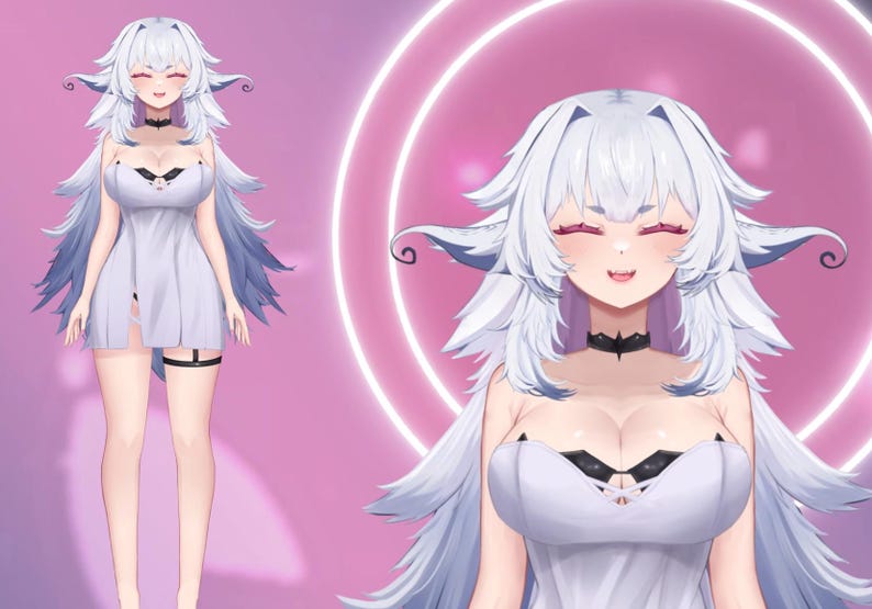 May include: Digital illustration of a character with white hair and a white dress. The character has closed eyes and a small smile. The background is a gradient of pink and purple with a glowing circular design.
