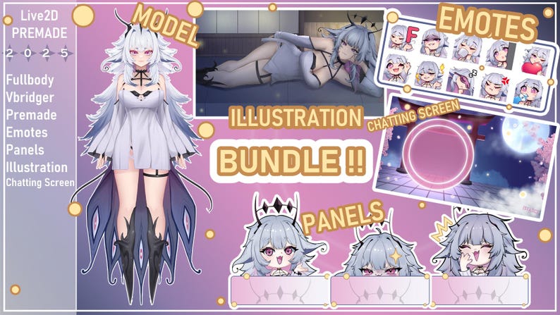 May include: A digital art bundle featuring a white-haired anime-style character in a white dress. The image includes a full-body model, emotes, panels, and a chatting screen design. Text on the image reads "MODEL", "EMOTES", "ILLUSTRATION BUNDLE !!", and "PANELS".