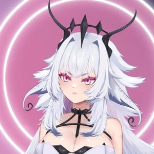 May include: Digital illustration of a character with white hair and pink eyes, wearing a black choker and a decorative headpiece. The background features a pink gradient with glowing white circles.