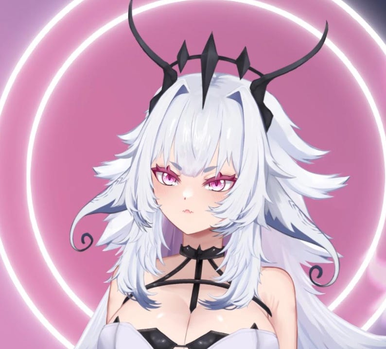 May include: Digital illustration of a character with white hair and pink eyes, wearing a black choker and a decorative headpiece. The background features a pink gradient with glowing white circles.