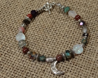 Red Jasper and Glass Beaded Moon Bracelet