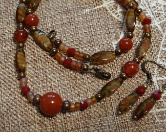 Red Agate and Glass Beaded Necklace — "Red Rock Canyon"Set