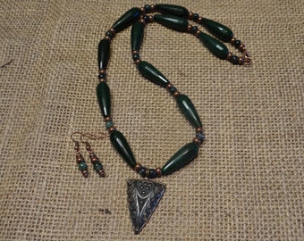 Nephrite Jade, Jasper and Brass Necklace Set