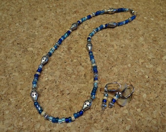 Blue Glass and Silver Metal Necklace Set — "Milford Sound"