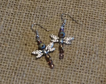 Silver and Glass Beaded Dragonfly Earrings