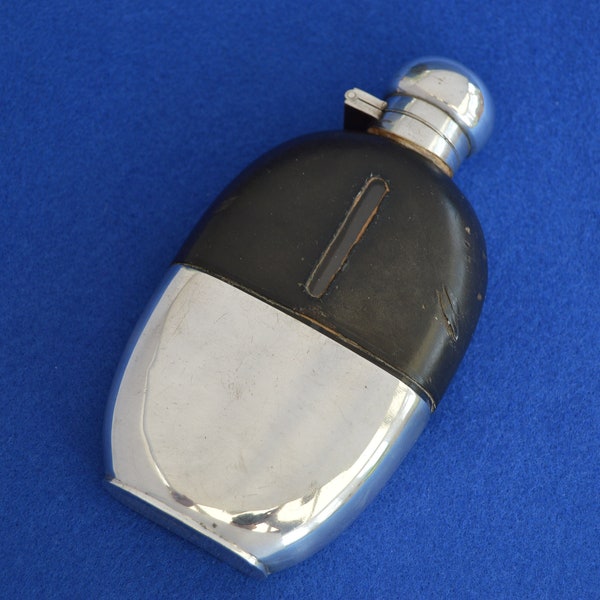 Antique Silver Plated Hip Flask - Leather Flask - Silver Plate