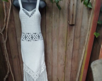 Crochet dress cotton fishtail long cream mesh lace handmade floral midriff panel tail elegant heart shaped open weave top open back