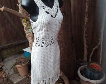 Open back crochet dress cotton mid thigh length above knee cream  lace handmade floral midriff panel mesh elegant fishnet rosebud top
