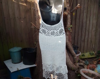 Scoop back crochet dress long cotton cream mesh lace handmade floral midriff panel tail elegant open weave open back fishnet hem
