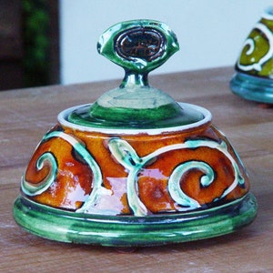 Handmade Danko Pottery Sugar Bowl Orange, Green, White Ceramic Home & Living Kitchen Decor Perfect Gift image 1