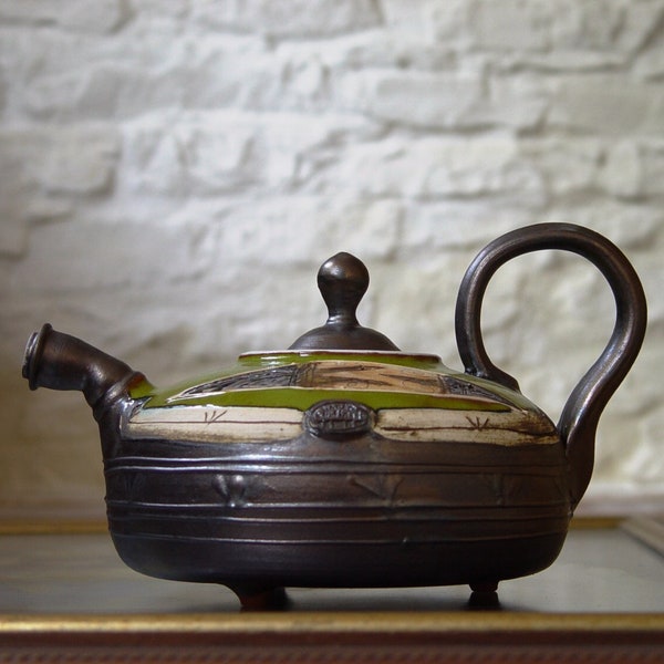 Handmade Green Teapot - Unique Wheel Thrown Pottery Tea Pot with Glossy and Matte Finish - Danko Pottery - Home & Kitchen Decor