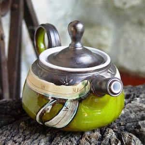 Handmade Green Ceramic Teapot | Wheel Thrown Pottery with Abstract Decoration | Small Tea Pot | Arts and Crafts | Kitchen Decor