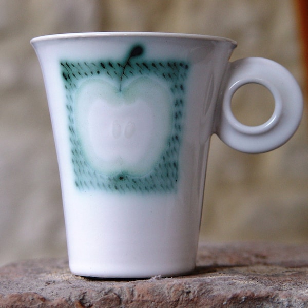 Danko Pottery - Hand-Painted Apple Mug - Elegant Stoneware Tea or Coffee Cup - Unique Ceramic Art - Kitchen Decor Gift - White and Gree