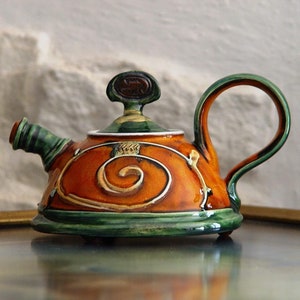 Ceramic Serving Teapot - Handmade by Danko - Orange, Green, White - Unique Pottery Kitchen Decor - Wedding or Birthday Gift - 400ml/13.4 oz