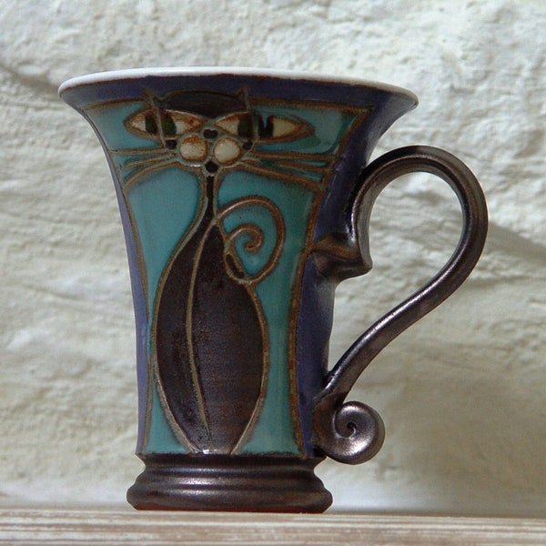 Handmade Cat Mug - Unique Pottery Coffee Mug - Christmas Gift - Blue Ceramic Mug - Ready to Ship - Kitchen & Dining Decor