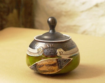 Handmade Ceramic Sugar Bowl, Green & Ochre, Bulgarian Motifs, Glossy-Matte Finish, Unique Coffee Set, Kitchen Decor