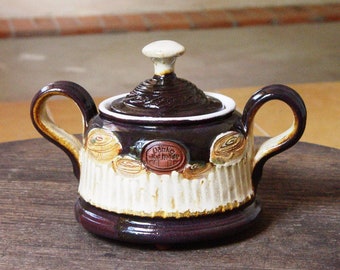 Handmade Brown Ceramic Sugar Bowl with Lid - Matte and Glossy Finish - Unique Pottery Canister for Coffee and Tea Sets - Kitchen Decor