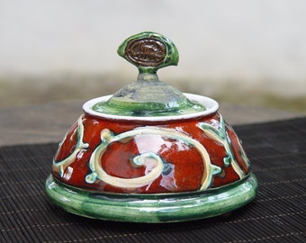 Hand-Painted Ceramic Sugar Bowl with Lid - Christmas Gift - Red, Green Colors - Unique Pottery Sugar Basin - Home Decor